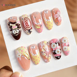 30pcs Japenese Series False Nail Cute Cartoon Monkey Flower Heart Pearl Decor Press On Nails Sweet Ballet French Style Fake Nail