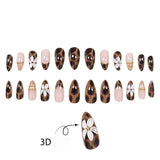 24pcs Leopard Print Press On Nails 3D White Flower Gold Metal Beads Charms Fake Nail Y2K Short Almond Fasle Nail for Women