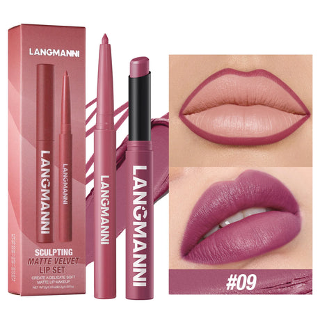 2Pcs/Set Matte Lipstick Lip Liner Pencil Non-Stick Cup Long-Lasting Velvet Red Lipstick Pen Smooth Lipliner Waterproof Makeup