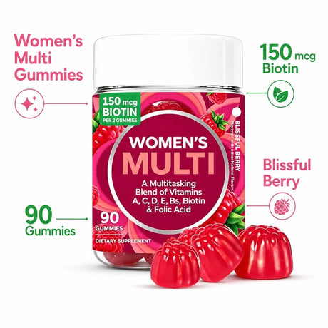 Women's Multivitamin Gummies 90 Count with Biotin Folic Acid Vitamins A C D E B, Berry Flavor Daily Wellness Supplement