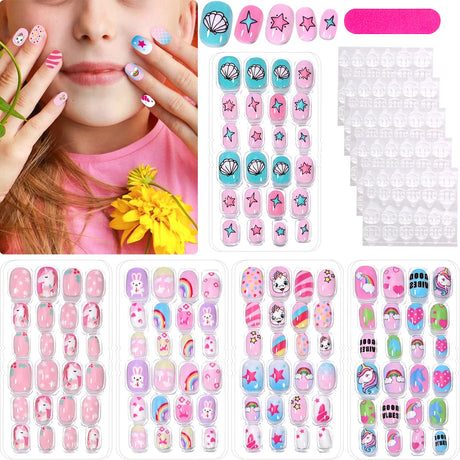 120Pcs Children's Press on Nails Kids Cartoon Acrylic Fake Nails Tips Kawaii Girl Full Cover Short False Nails With Jelly Glue#@