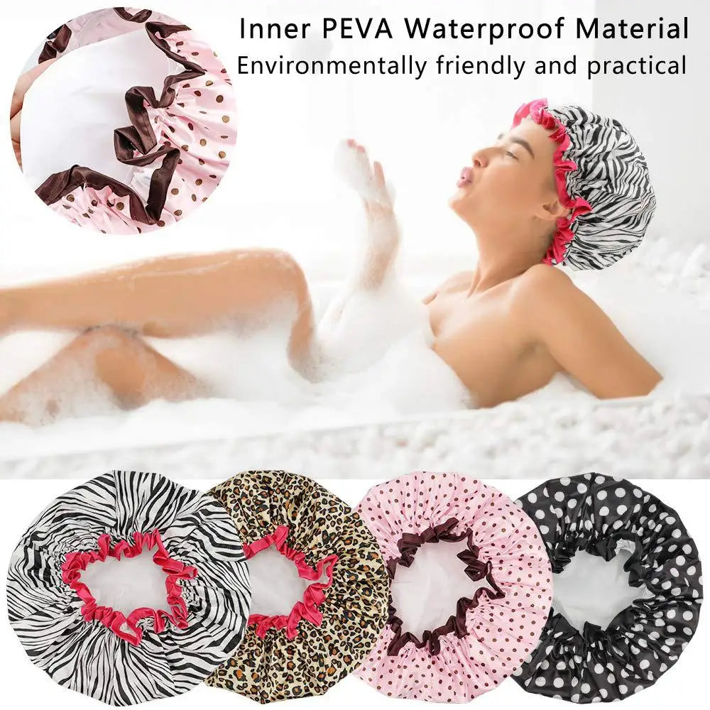 1Pc Fashionable Printed Doublelayer Waterproof Shower Cap,a Must-have for Bathrooms,with Diverse Hair Care and Waterproof Styles
