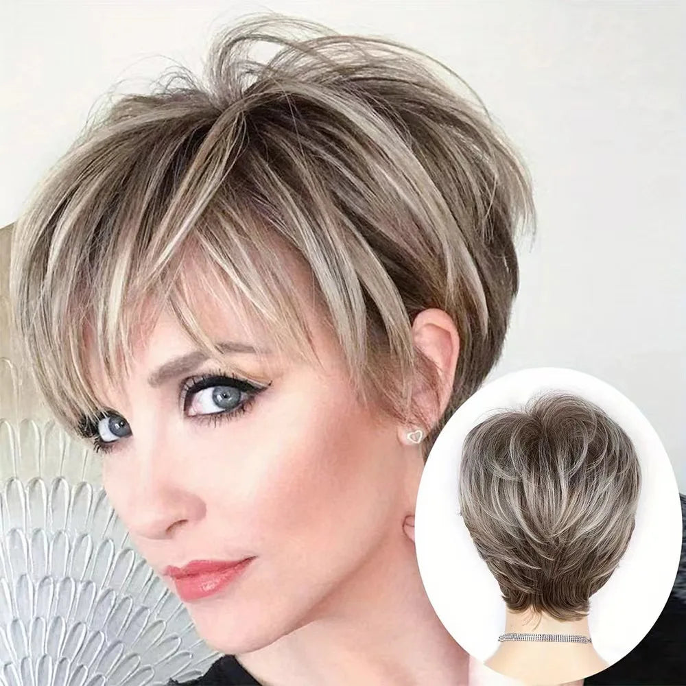 Fashionable short brown mixed color straight hair wig for woman