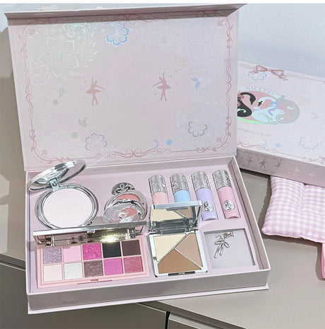 NICEKEY Pink Ballet Makeup Sets Include 4 Lip Mud,1 Blush,1 Pressed Powder,1 Eyes Palette,1 Contour Palette With Necklace Gift