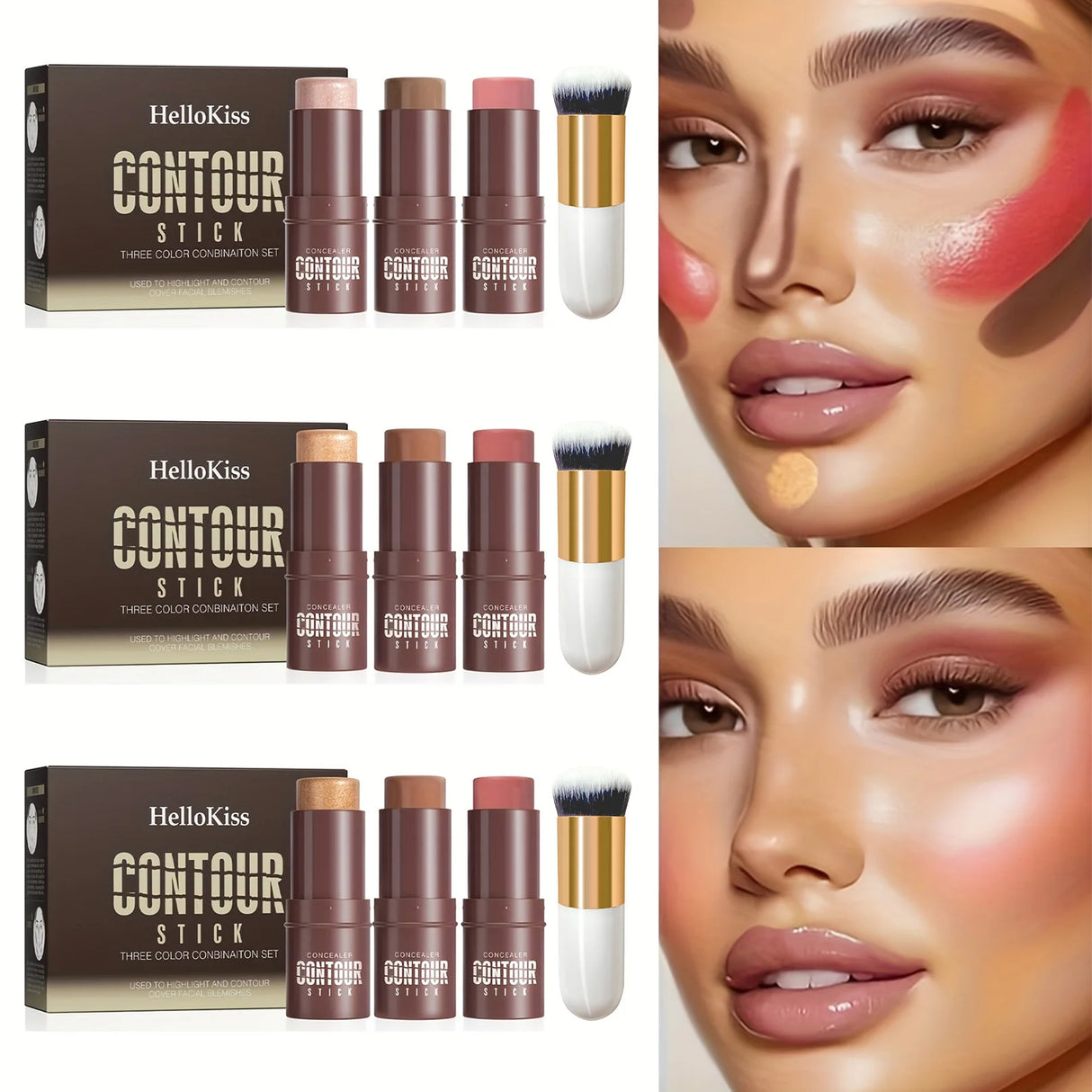 4pcs Contour Stick, Highlighter Stick, Blush Stick 4pcs Cream Contour Kit with Contour Brush, Create Face Contour, Non-greasy