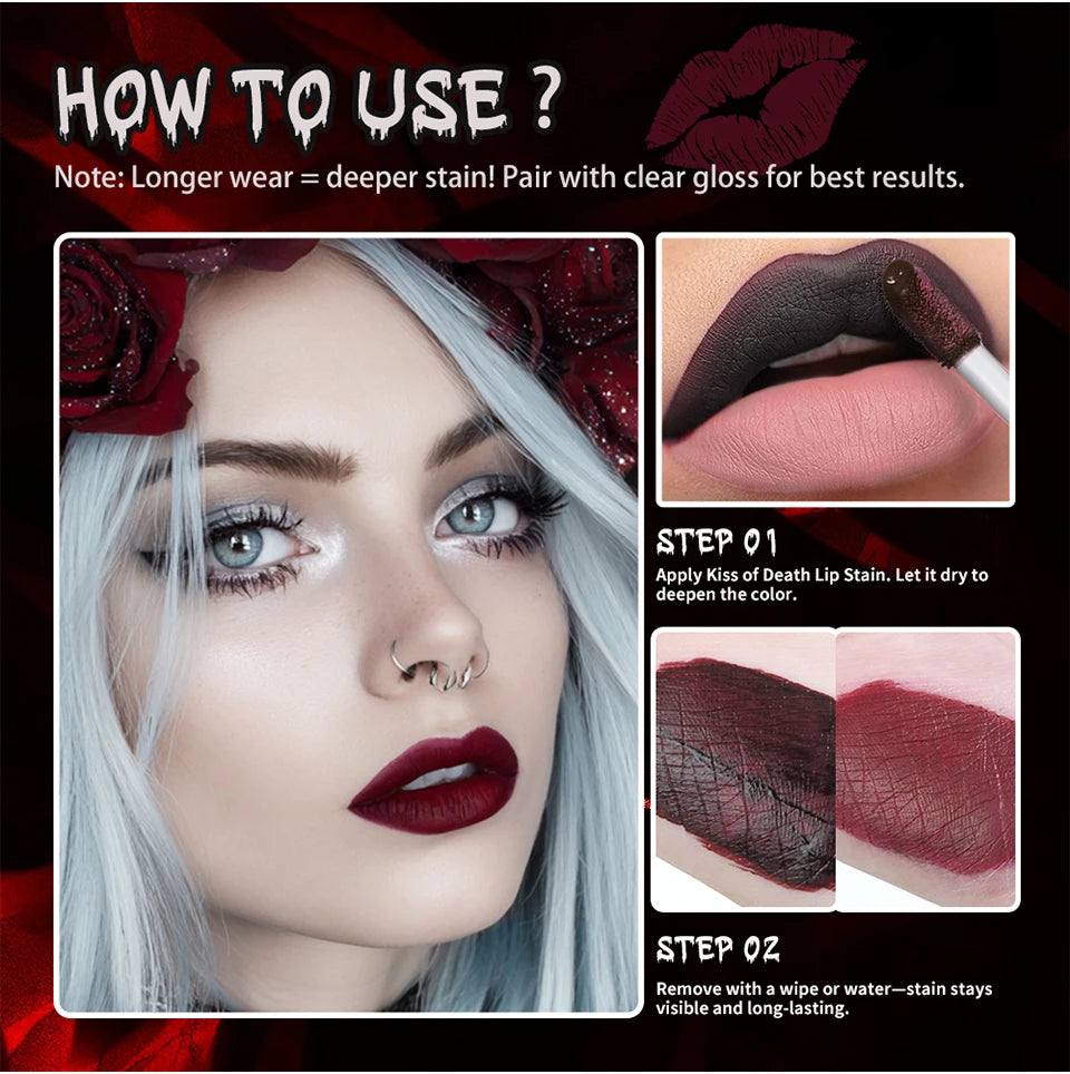 Lakerain Fake Bloody Lip Stain Gel-like Waterproof Spill-proof Long Lasting Matte Lip Tinting Halloween Party Lip Cosmetics