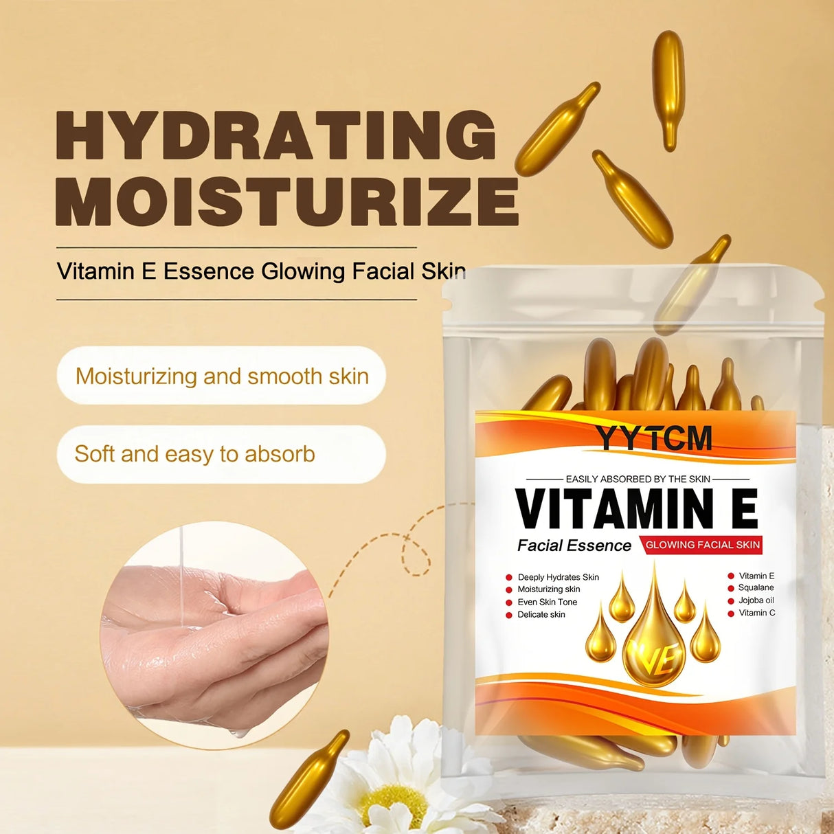 Vitamin E Deep Moisturizing Capsule Essence, Hydrates and Smooths Skin, Contains Plant-Based Squalane, Vitamin C, Deep Hydration and Skin Brightening Essence (0.4Gx30 Capsules)/Bag-1 Bag