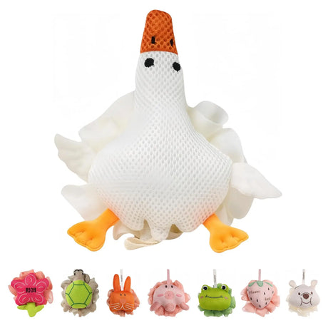 Kids Loofah, Cute Cartoon Animal Kids Bath Sponge with Hanging Rope, Soft Double Mesh for Rich Lather