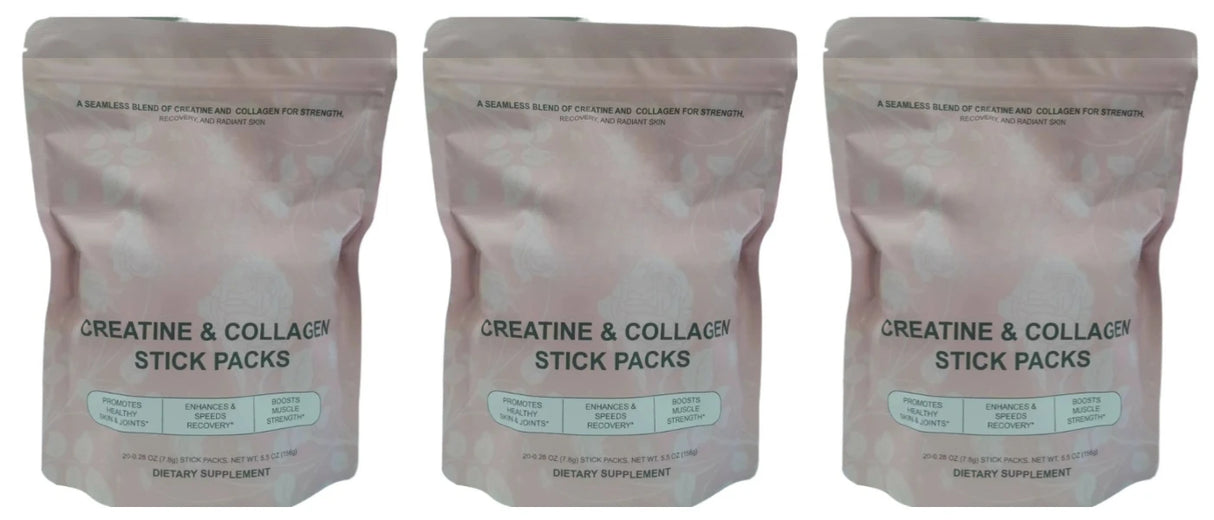 Creatine & Collagen Powder Stick Packs Supports Strength Recovery & Skin Health – Daily Nutrition Supplement  20Servings Per Bag