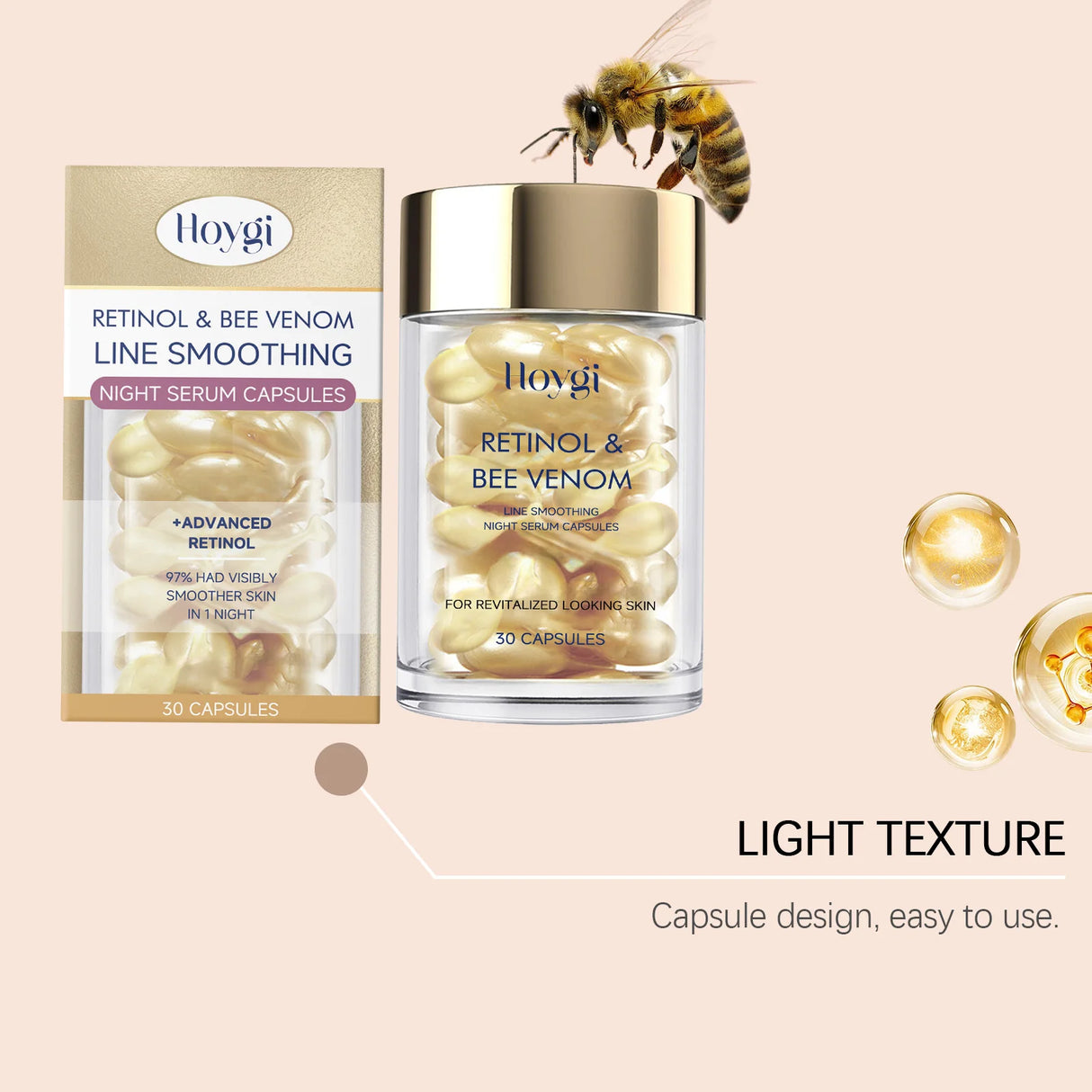 Retinol Bee Venom Facial Capsules Anti-Wrinkle Firming Smoothing Moisturizing Facial Skin Anti-Aging Night Serum for Face & Neck