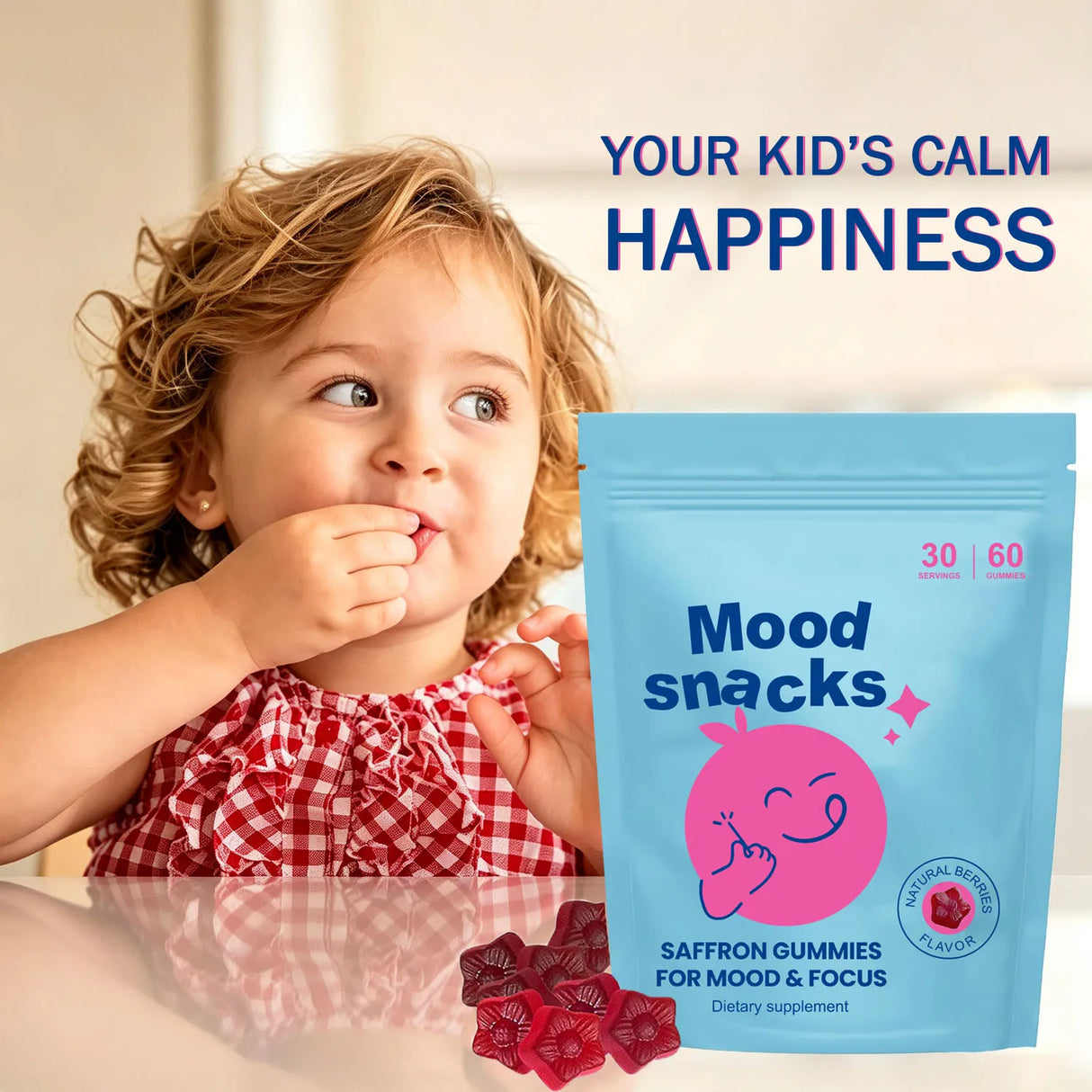 Mood Snacks - Kids Saffron Gummies, Natural Berries Supplements Offer Mood Support and Calms Temper Tantrums, Sugar Free Gummies