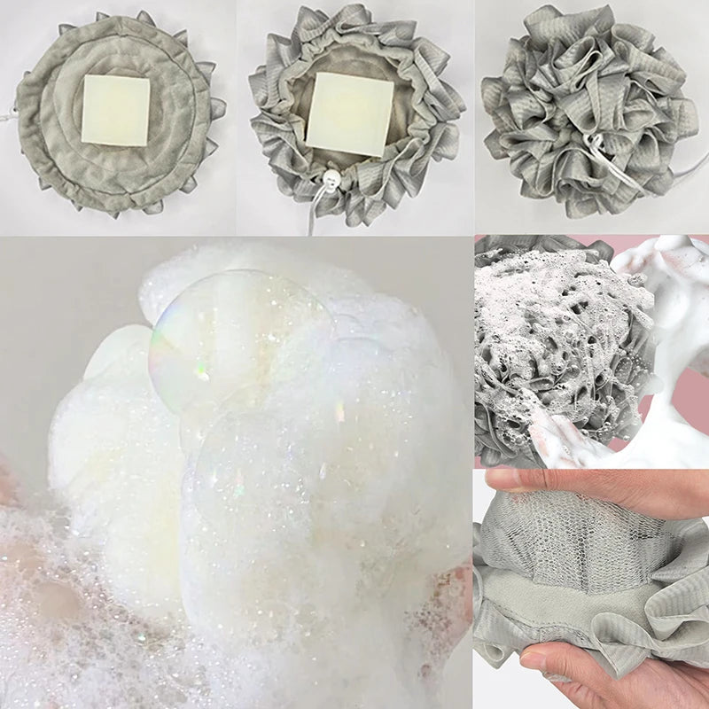 2-In-1 Bath Ball Towel Loofah With Drawstring Closure For Soap Soft Exfoliating Mesh Shower Sponge Skin Care Bathing Tool