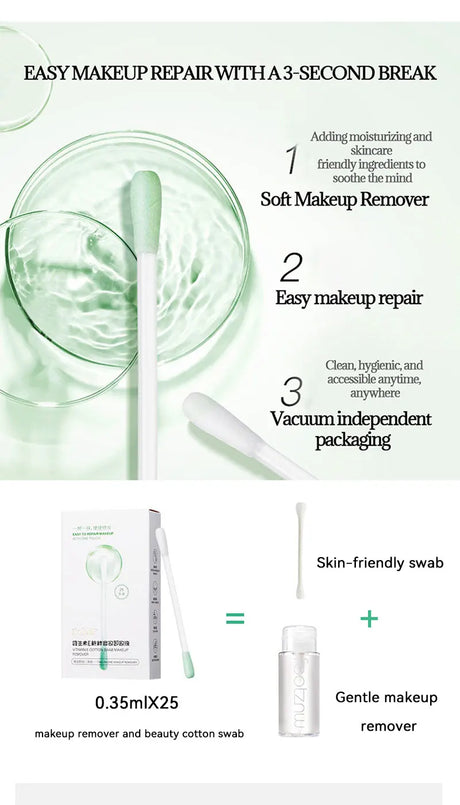 ikAllANT Makeup Remover Cotton Swabs - 25 pieces-Pre-soaked with Cleansing Liquid, Foldable for Instant Use, Beauty Cleaning,