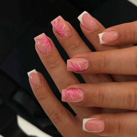 Mid-length Coffin Fake Nails 24Pcs White French Tip Ballerina Press On Nail Pink/White Flower Printed Spring/Summer DIY Manicure