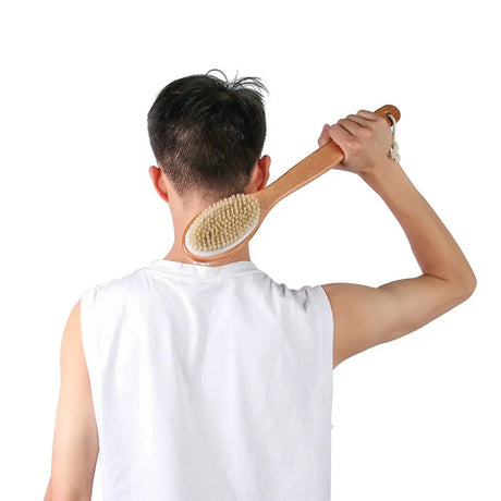 Massage with Long Wooden Handle Back Foot Scrubber Shower Brush Bristle Bath Brush Double Side Head Body Exfoliating Cleaner