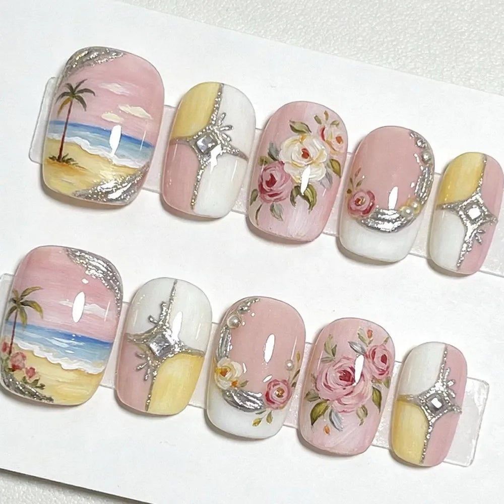 24PCS Juicy Red Cherry Hand Painted Press on Nails Vivid French Border Jelly Clear Almond Shape Fake Nails Summer Vibe