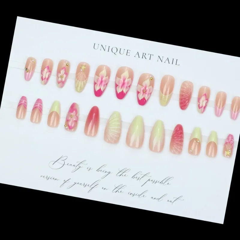 24pcs wearable false nail kit, randomly shipped; almond-shaped pearl starlight false nails; artistic flower press-on nails.