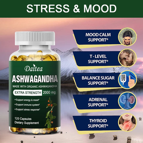 Daitea Organic Ashwagandha Extract Capsules 2000mg for Mood, Sleep, Energy Support - Antioxidant Supplement