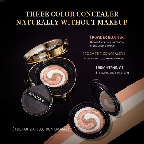Mercilen Water-Gloss Flawless Three-Color Skin-Nourishing Cushion Bb Cream 15g*2, Cc Liquid Foundation for Natural Nude Makeup, Long-Lasting Moisturizing Isolation Concealer, Brightens Skin Tone, Is Refreshing and Non-Greasy,