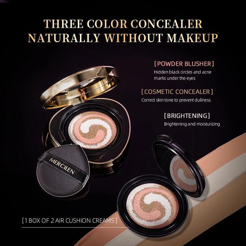 Mercilen Water-Gloss Flawless Three-Color Skin-Nourishing Cushion Bb Cream 15g*2, Cc Liquid Foundation for Natural Nude Makeup, Long-Lasting Moisturizing Isolation Concealer, Brightens Skin Tone, Is Refreshing and Non-Greasy,