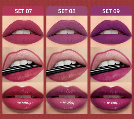 QIBEST 3pcs/set Liquid Lipstick+Lip Liner Lasting Black Brown Purple Red Matte Lip Gloss Nude Lip Stain Tint Makeup Lip Pencil