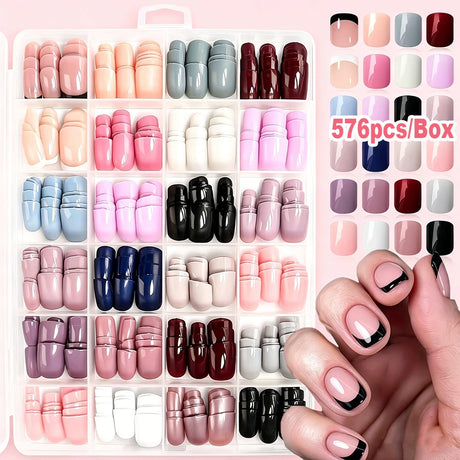 576pcs/Box Colorful Fake Nails Black Red Design Fake Nail Oval Short Square Press On False Nails Mixed Full Cover Nail Tips