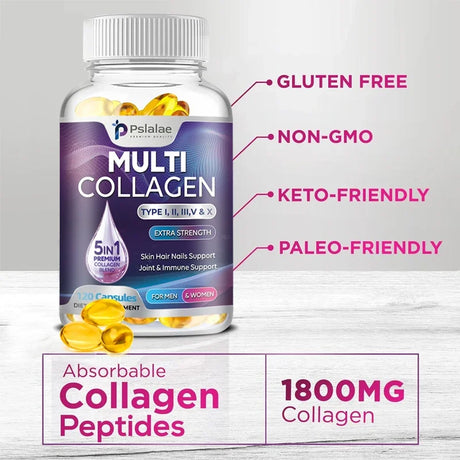 Multiple Collagen Complex - Types I, II, III, V, and X - Hair, Skin, Nail, Bones, Joint Health Support