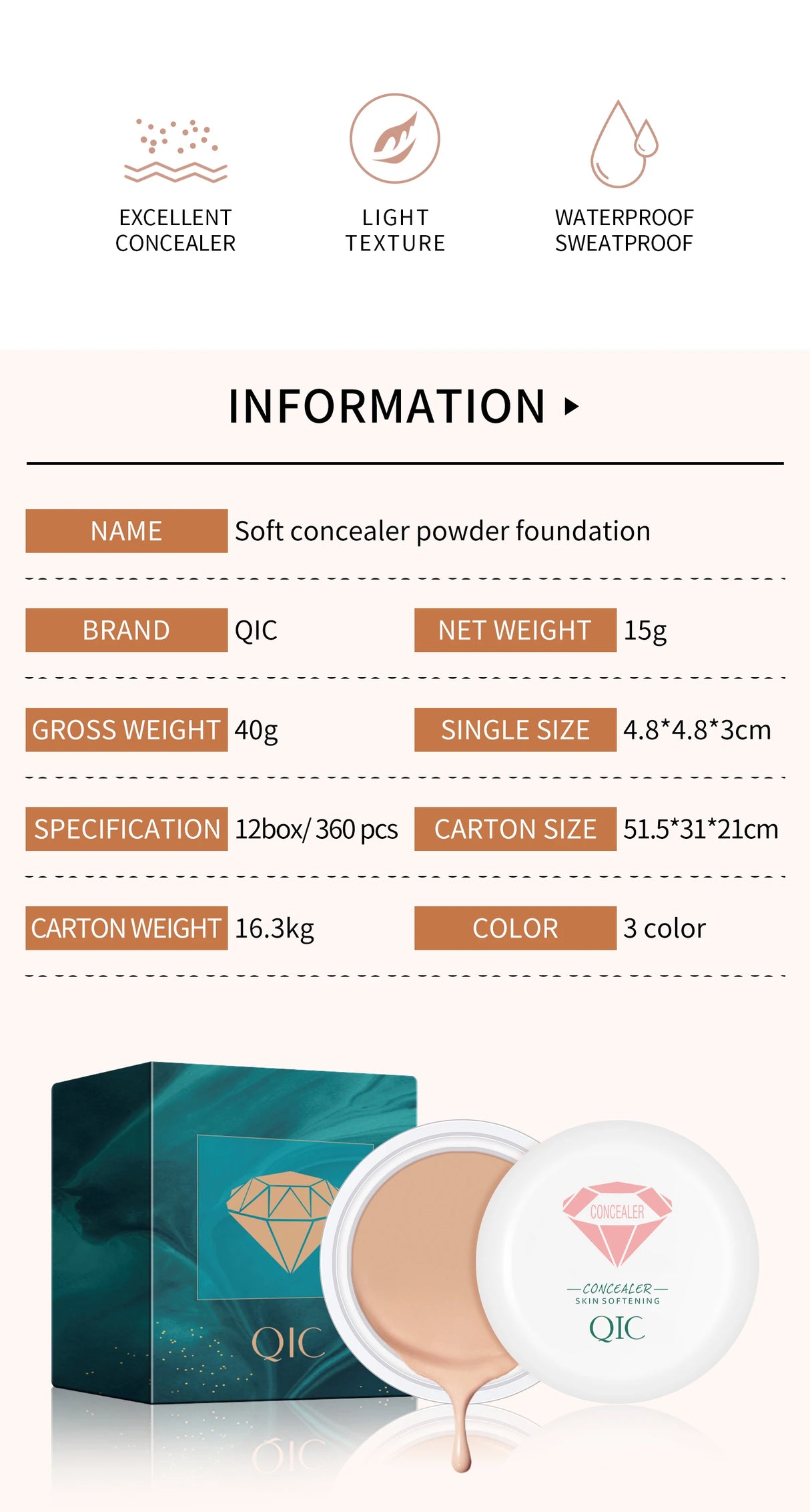 QIC Waterproof & Sweatproof Concealer Cream - Tattoo coverage, Long-Lasting Foundation, Natural,Full coverage, All Skin Types
