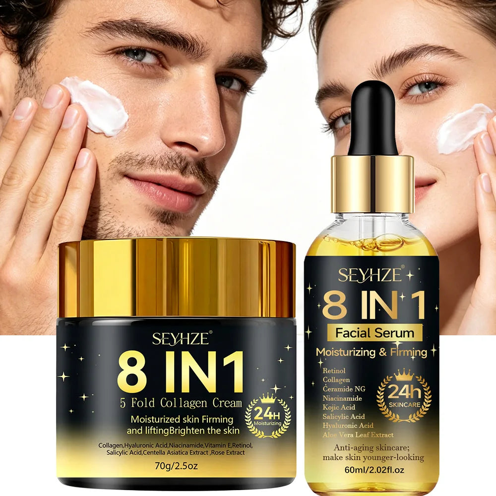 SEYHZE 8in1 Hydrating Facial Serum & Tightening Cream Set 2pcs Skincare Kit with Niacinamide Collagen Ceramides Aloe + Snow Aloe