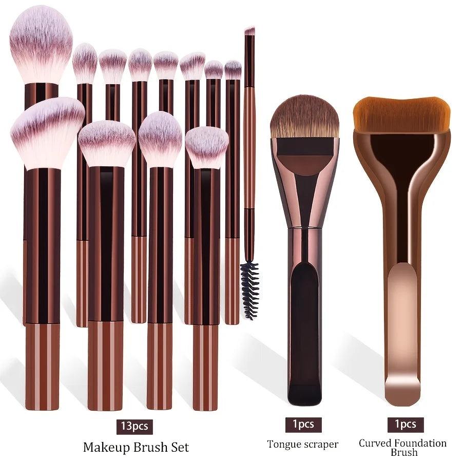A Set of 15 Makeup Brushes Including Foundation Brush, Highlighter Brush, Blush Brush, Powder Brush, Nose Contour Brush, Eyeshad
