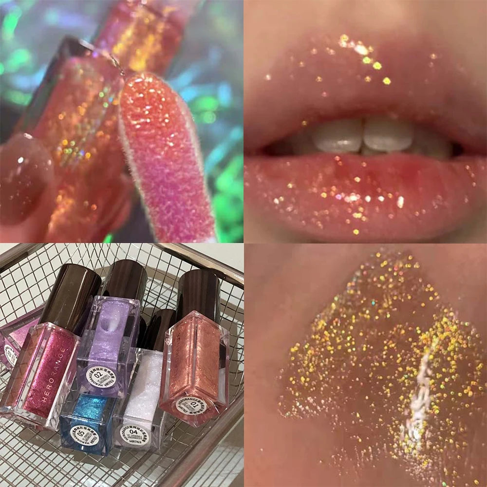 HERORANGE Glittering Mirror Lip Glaze, Watery Shimmering Light Lip Gloss Makeup 6 Colors, Hydrating Moisturizing, Long Lasting