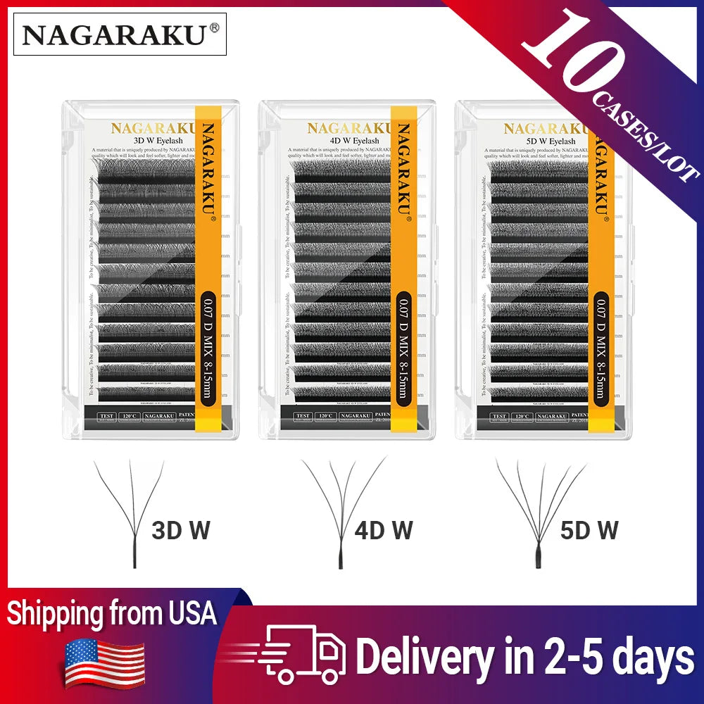 NAGARAKU Ship from USA 10 Cases W Shape 3D 4D 5D Eyelashes Free Tax Fast Shipping Delivery in 2-5 days Mix8-15mm Size