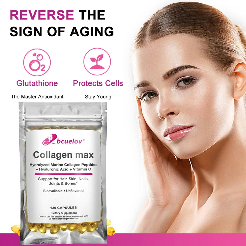 Bcuelov Collagen Max Hydrolyzed Marine Collagen Peptides Hyaluronic Acid + Vitamin C Supports Hair, Skin, Nails, Joints & Bones