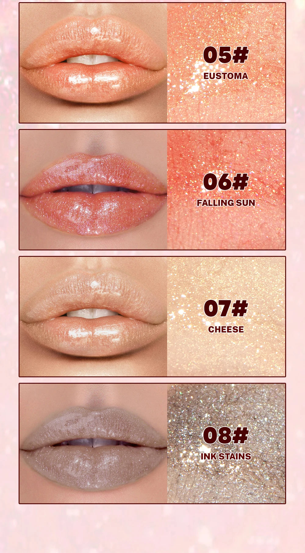 Qibest 8 Colors Moisturizing Diamond Shimmer Glitter Lip Gloss Makeup Sparkling Glitter Liquid Lipstick Pearl Lipgloss Tint