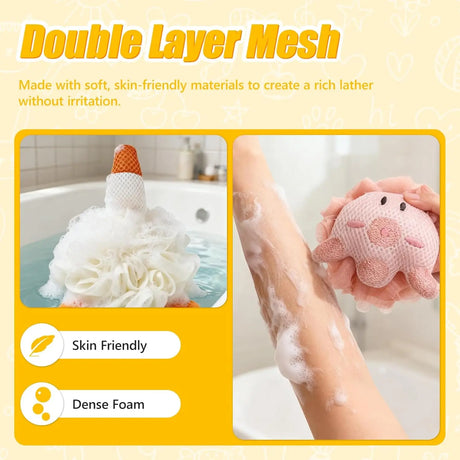Kids Loofah, Cute Cartoon Animal Kids Bath Sponge with Hanging Rope, Soft Double Mesh for Rich Lather