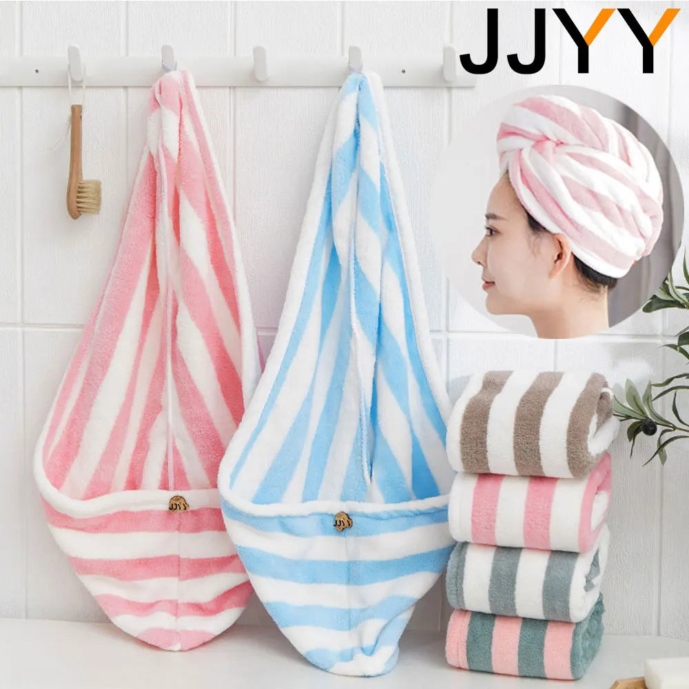 JJYY Microfiber Strong Absorbent Microfiber Dry Hair Towel Absorbent Quick Dry Striped Shower Cap  Bathroom Accessories