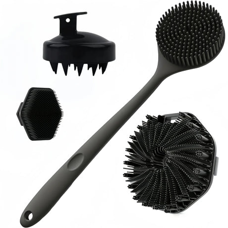 4PCS Long Handle Silicone Bath Brush Set for Body Back Face Gentle Exfoliating Massage Deep Cleaning with Non Slip Grip