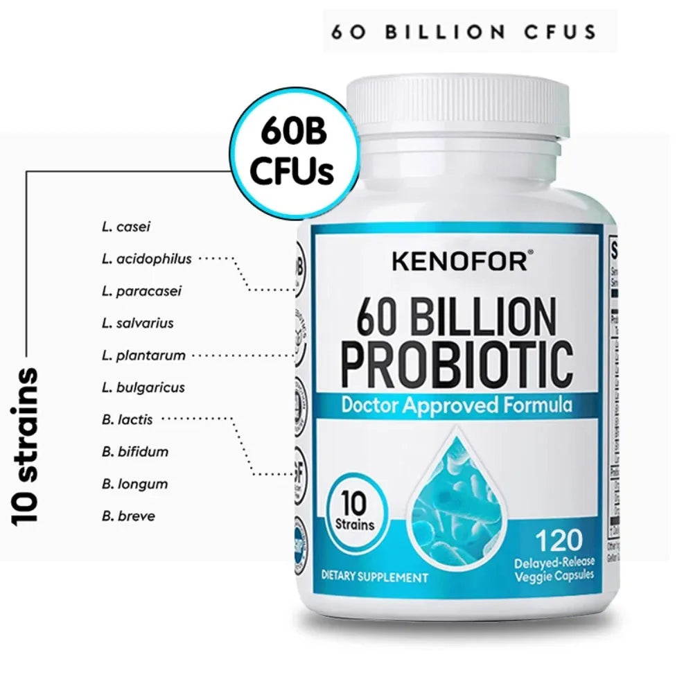 60 Billion CFU Probiotic Capsules with 10 Strains and Organic Prebiotic Fiber, Daily Digestive Wellness Supplement, 120 Count