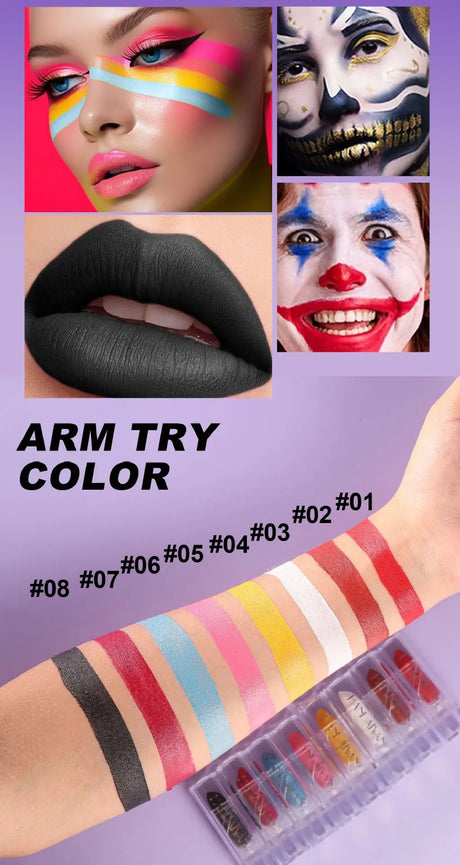 8PCS Halloween Matte Lipstick Set Dark Black Vampire Yellow Velvet Lipsticks for Face Body Painting Creative DIY Makeup Cosmetic