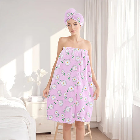 2 Pcs Combination Set Bath Skirt + Shower Cap Daisy Pastoral Style Wearable Bath Towel Skirt  Hair Wrap Flower Soft & Absorbent