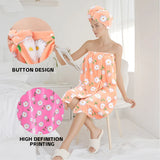 2 Pcs Combination Set Bath Skirt + Shower Cap Daisy Pastoral Style Wearable Bath Towel Skirt  Hair Wrap Flower Soft & Absorbent
