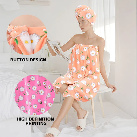 2 Pcs Combination Set Bath Skirt + Shower Cap Daisy Pastoral Style Wearable Bath Towel Skirt  Hair Wrap Flower Soft & Absorbent