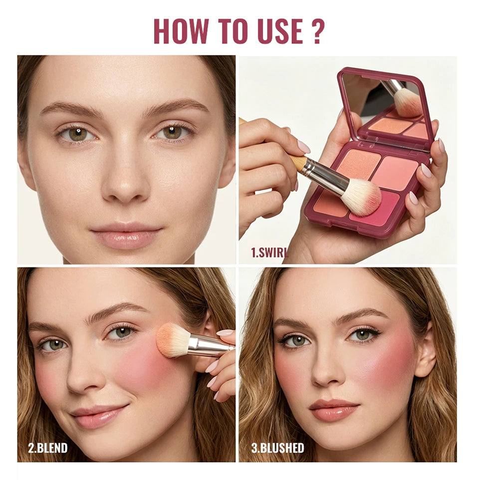 4 Shades Blush Palette Matte & Shimmer Two Textures Rich Pigment Long-wear Soft Blur Finishing Compact Blush Daily Cheek Makeup