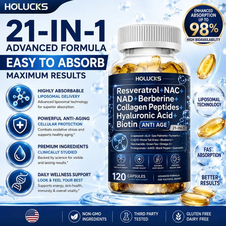 Resveratrol+NAC+NAD+Collagen Peptides+Hyaluronic Acid+Biotin Capsules, Boost Energy & Focus, Anti-Aging, Cellular Vitality