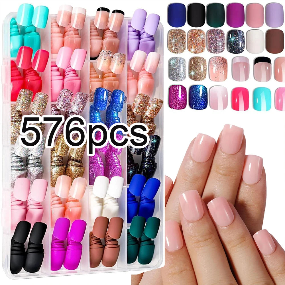 576pcs/Box Colorful Fake Nails Black Red Design Fake Nail Oval Short Square Press On False Nails Mixed Full Cover Nail Tips