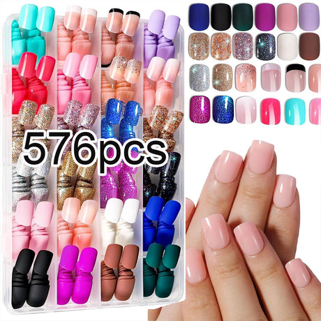 576pcs/Box Colorful Fake Nails Black Red Design Fake Nail Oval Short Square Press On False Nails Mixed Full Cover Nail Tips