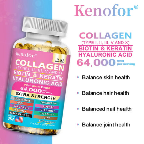 Multi Collagen Capsules - Types I, II, III, V & X Biotin Keratin Hyaluronic Acid MSM Zinc Magnesium,Hair Skin and Nails Vitamins