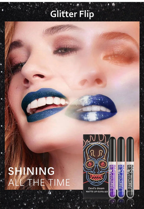 3pcs Glitter Lipstick Set Waterproof Sexy Blue Purple Black Lip Gloss Shiny Lip Tint Halloween Lip Makeup Tool Korean Cosmetics
