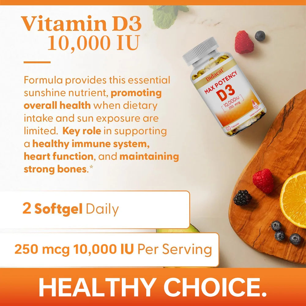 Vitamin D3 10,000 IU (250 mcg), Supports Immune Health, Calcium Absorption Muscle Function & Bone Strength, Dietary Supplement