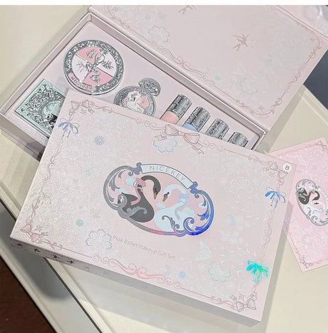 NICEKEY Pink Ballet Makeup Sets Include 4 Lip Mud,1 Blush,1 Pressed Powder,1 Eyes Palette,1 Contour Palette With Necklace Gift